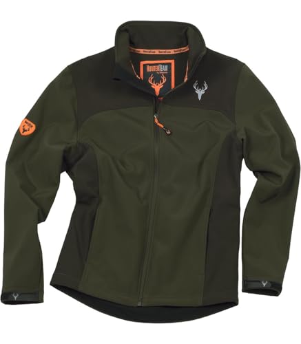 WORKTEAM Cazadora Softshell para Caza y Pesca, Cuello Alto, Bolsillos Con Cremallera, puños ajustables, Unisex Verde Caza+Marrón-XL