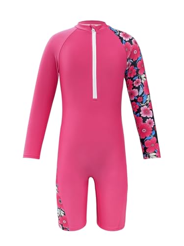 Image of Girls One Piece Rash Guard Swimsuit Long Sleeve Swimsuits with Zipper Patchwork Beach Bathing Suit for Kids 4-13 Years