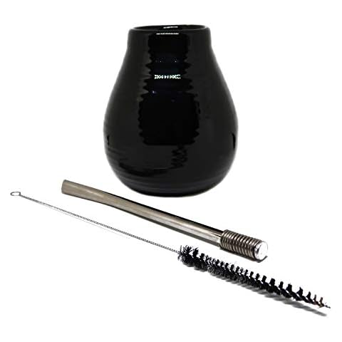 BestWayDigital Mate Black Ceramic Gourd Cup 350ml and Bombilla Set - (Yerba Mate Cup) Includes Bombilla Mate (Straw) and a Cleaning Brush Cover