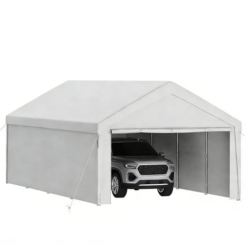 Ferzone Tente de Garage 4x8m, Carport Abri Voiture avec Bâche PE & Porte Enroulable, Tente de Stockage Pliant Exterieur avec Parois Latérales Amovibles pour Moto...