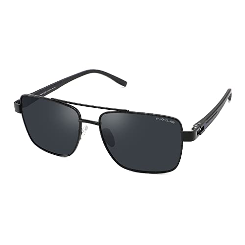 بوكيلار نظارة شمسية بعدسات مستقطبة خفيفة الوزن ومستطيلة للرجال والنساء - حماية من الاشعة فوق البنفسجية 400 للقيادة والجولف بايلوت إطار أسود عدسات رمادية