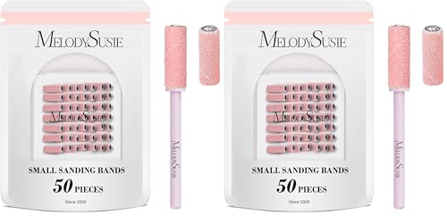 MelodySusie 50 Pcs Nail Drill Bits Small Sanding Bands with 3.1mm Mandrel Bit, 180 Fine Grit Nail File for Acrylic Nails Gel Manicures and Pedicure, Pink (Pack of 2)