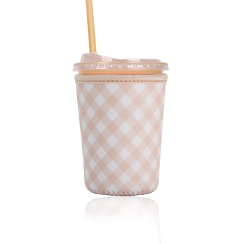 Image of Reusable Insulated Sleeve for Iced Coffee Cup, Coffee Neoprene Sleeve for Cold & Hot Drinks, Beverage Holder for Iced Coffee (Cream Gingham, Small: 16-18oz)