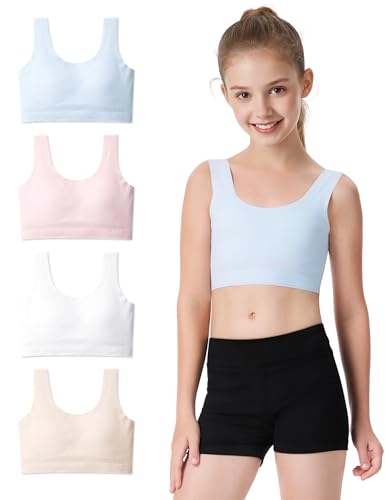 BOOPH Girls Training Bras Kids Seamless Bra Longline Crop No Pads Underwear for Teen Girl Sports 9-14Y 4 Packs