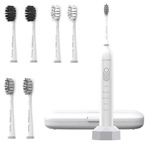 BarberBoss Cepillo de dientes sónico recargable para adultos, 5 modos de limpieza, cepillo de dientes eléctrico, sensor de presión, 6 cabezales de cepillo, batería de 60 días, temporizador inteligente