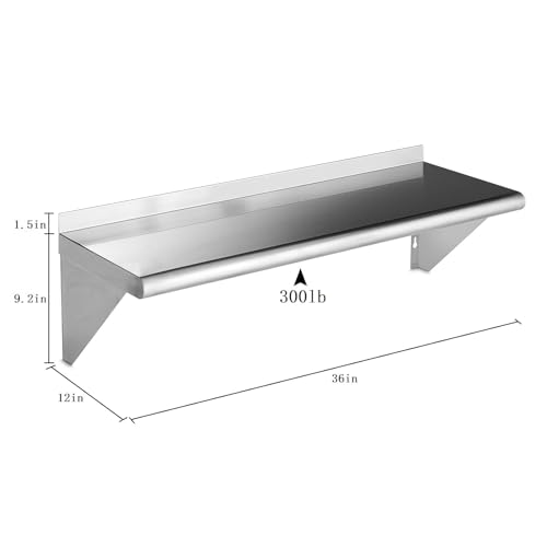Image of ROCKPOINT Stainless Steel Shelf 12 x 36 Inches 300lb, 2 Pack NSF Commercial Wall Mount Floating Shelving with Backsplash for Restaurant, Kitchen, Home and Hotel, Silver