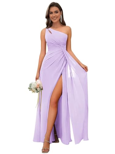 Image of OFEECHUN Women's Chiffon One Shoulder Bridesmaid Dresses Long Pleated Formal Evening Gowns with Slit