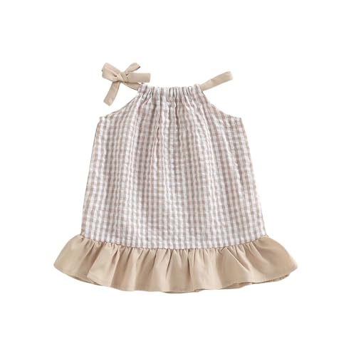 Little Girls Dress Kids Plaid Ruffle Fashion Sleeveless Casual Dresses Toddler Baby Girl Summer Spring Clothes (Khaki, 2-3 Years)