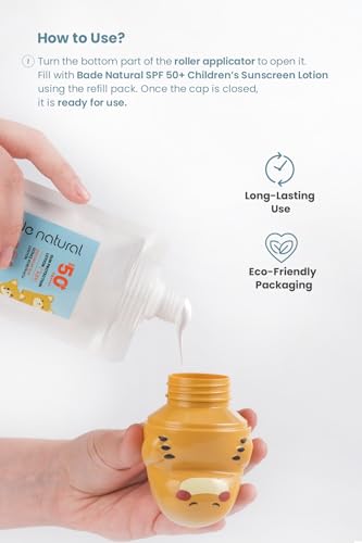 Image of Bade Natural Refillable Cat-Shaped Sunscreen Applicator for Kids - 3.7 fl oz (110 ml) Roll-On Bottle - Empty, Reusable Dispenser for SPF Lotion - Soft Applicator Tip, Travel-Friendly
