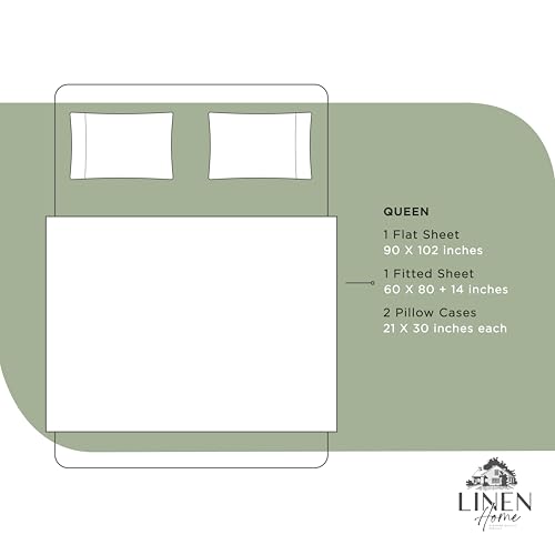 Image of Linen Home 100% Cotton Percale Sheets Queen Size, Oil Green, Deep Pocket, 4 Pieces Set - 1 Flat, 1 Deep Pocket Fitted Sheet and 2 Pillowcases, Crisp Cool and Strong Bed Linen