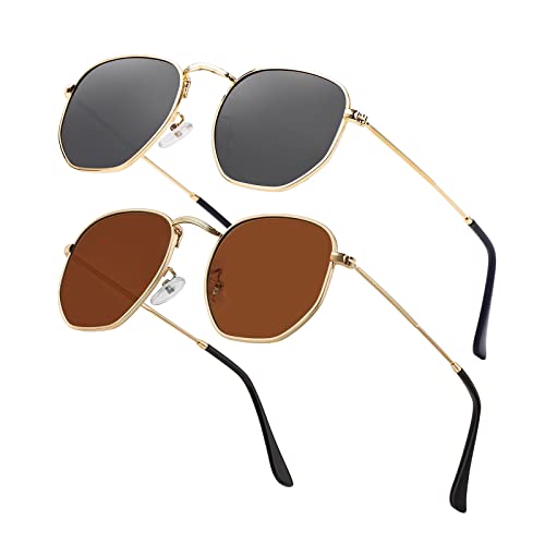 Image of Hipster Hexagonal Polarized Sunglasses Men Women Geometric Square Small Vintage Metal Frame Retro Shade Glasses
