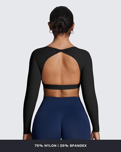 Image of Aoxjox Women's Define Sculpt Long Sleeve Crop Tops | buttery soft fabric,curved hem,hollow back, low support, removable pads, workouts,yoga,gym, daily wear