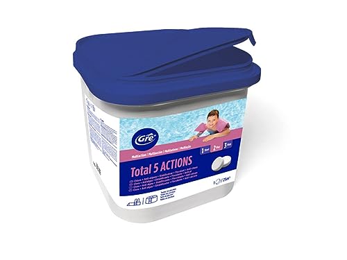Pastillas multiacción para el Tratamiento Completo de la Piscina, Mantenimiento para el agua de la piscina 5 acciones: Desinfección, Anti algas, Floculante, Estabilizante, Anticalcárea 5kg -Gre 76036L