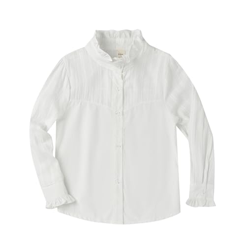 Image of LittleSpring Girls White Button Down Uniform Shirts Long Sleeve Ruffle Blouse