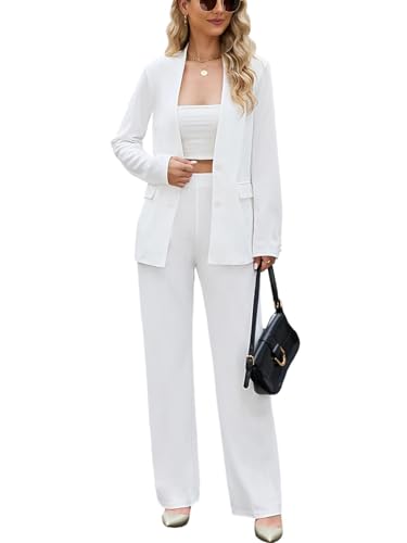Aotasely Womens 2 Piece Suits Business Casual Outfits Straight Wide Leg Pants Suits Professional Office Work Outfits White