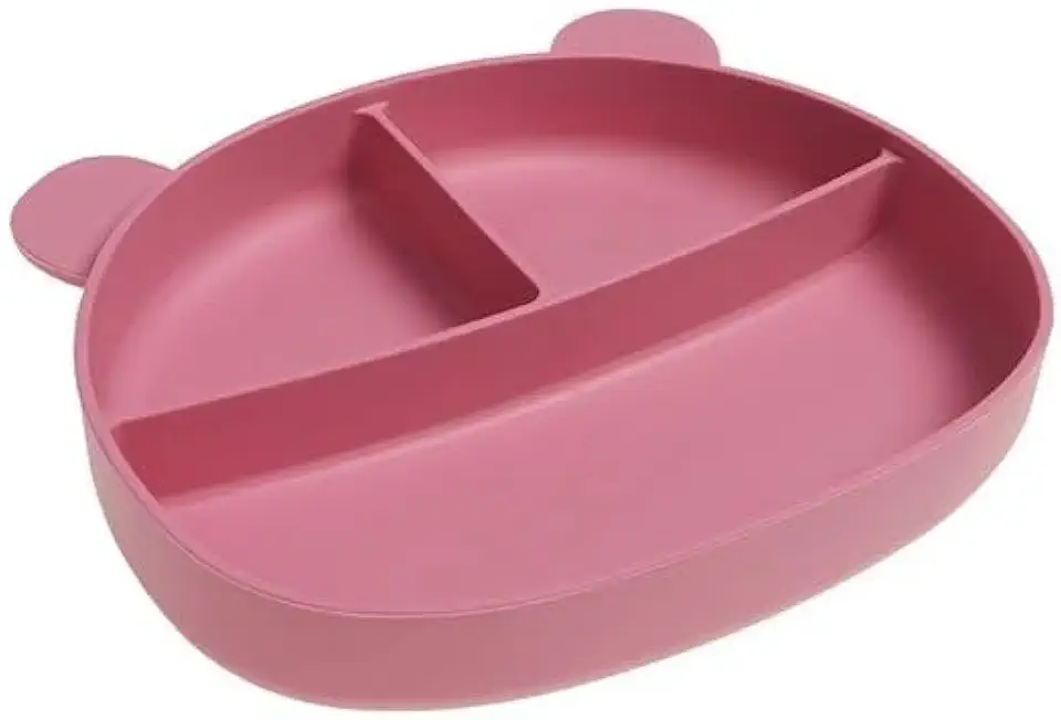Prato Infantil de Silicone Formato Urso com 3 Divisórias, Base Ventosa, Rosa e Azul (Rosa)