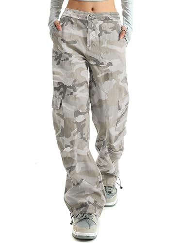 HVEPUO Camo Pants Women High Waisted Wide Leg Casual Y2K Camoflage Cargo Pants Baggy Elastic Waist Straight Jeans Trousers Grey Camo M