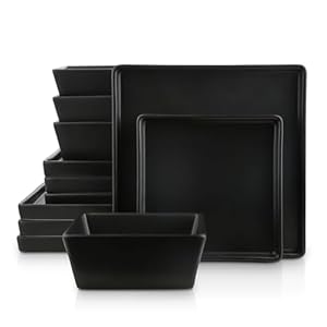 Stone Lain Grace Square Stoneware Dinnerware Set, 12 Piece Service for 4, Black