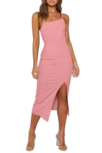 Image of OWIN Women's Adjustable Spaghetti Straps Sleeveless High Waist Split Midi Bodycon Cocktail Party Dress