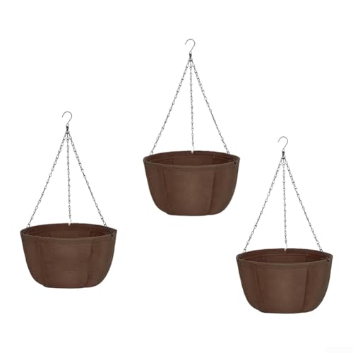 Vilgftyiet Lot de 3 pots de fleurs à suspendre en tissu pour plantes d'intérieur et d'extérieur – Pots non tissés de 25,4 cm avec chaînes antirouille – Drainage respirant pour fougères, pothos, marron