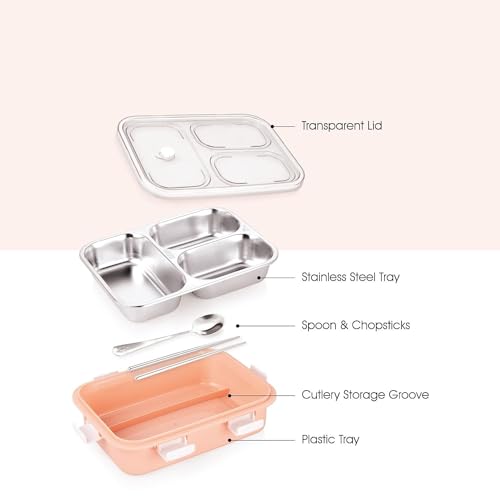 Image of Brand Conquer Lunch Box Leak-Proof BPA Free Stainless Steel for School, Lunch Box for School & Office with a Fork, a Spoon and a Pair of Chopsticks (Pink, 3 Compartment)