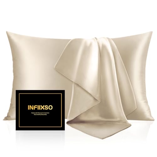 Image of INFIIXSO Silk Pillow Cases 2 Pack Standard Size, Ultra Smooth & Soft Mulberry Silk Pillow Case for Hair and Skin, Breathable Cooling Silk Pillowcase with Hidden Zipper (Beige, 20x26 Inches)