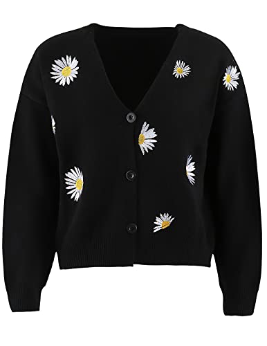 ebossy Women's Cute Embroidery Daisy Floral Knit Cardigan Open Front Button Up Y2K Artistic Aesthetic Sweater Outwear2