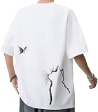 [Prinior] 夏服 半袖 メンズ Tシャツ 薄手 プリント クルーネック 通気性 体型カバー 無地 ねこ 快適 柔らかい肌触り かわいい 人気 おおきいサイズ カジュアル お出掛け 学生服 デイリー White-5XL
