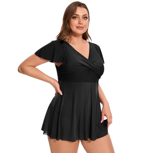 Women's Plus Size Swimsuit Ruffle Sleeve Swim Dress One Piece Tummy Control Bathing Suit V Neck Swimwear2