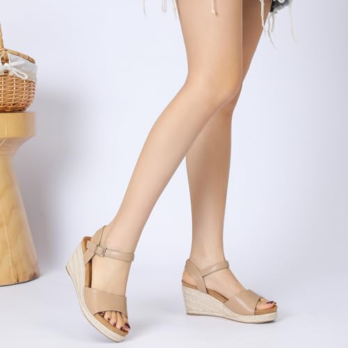 Image of Comfortable Women's Platform Espadrille Sandals Dressy Wedge Shoes Summer | Ankle Strap Platform Wedge Sandals with Orthopedic Arch Support for Casual Walking Vacation Beach Outdoors Size 5-11