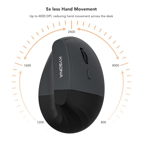 KYSONA EM18 Wireless Ergonomic Vertical Mouse, Ergo Design, Bluetooth Cordless Mouse for Medium/Large Hands, Silent Click, 5-Level Adjustable DPI, Carpal Tunnel Mice for Computer/PC/Mac/Laptop, Black by KYSONA - Image 2
