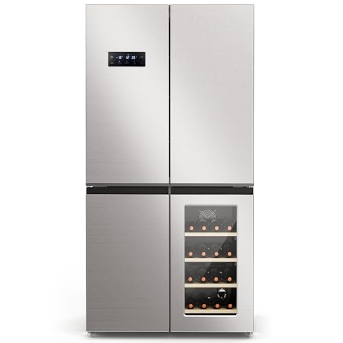 Image of Electactic 21.36 Cu.Ft French Door Refrigerators with Bottom Freezer, Wine Cabinet, Adjustable Shelving, Counter Depth Smart Refrigerator with Touchscreen for Kitchen Home