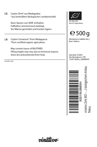vinativo Zimt BIO – Ceylon aus Madagaskar – 500g – Pulver – fein gemahlen und schonend getrocknet– bio Rohkost-Qualität – zum Backen oder Würzen – aus kontrolliert biologischem Anbau