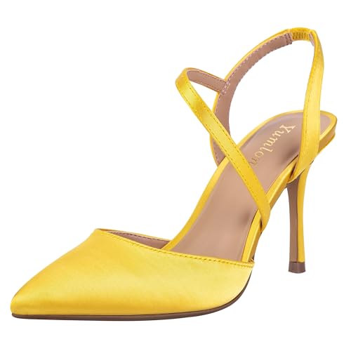 Women's Closed Toe High Stiletto Heel for Women 3.3 Inch Ankle Strap Pointed Toe Heels Pumps Prom Dress Bride Satin Shoes for Wedding Dinner Party Sexy Yellow