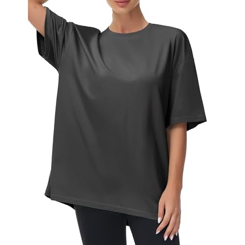 THE GYM PEOPLE Women's Casual Oversized T-Shirts Summer Crewneck Short Sleeve Workout Basic Tee Tops Medium Dark Grey