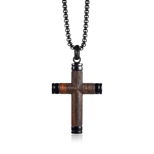 ALRNBY Cross Necklace for Men Vintage Wooden Cross Necklaces Wood Crucifix Pendant Christian Jewelry Gift for Men (Black Surround)