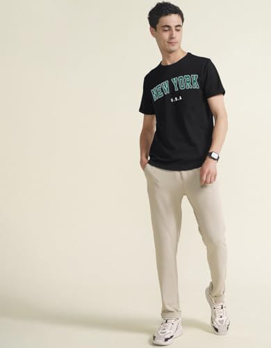 Image of Veirdo Regular Fit Half Sleeves Round Neck Typographic Printed Pure Cotton T-Shirt for Men (Available Colors: Black, Navy, Swan White, & White) (Sizes: S to 2XL)