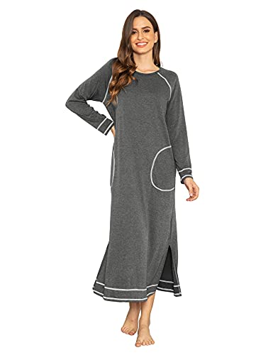 Ekouaer Nightgown Women's Long Sleeve Round Neck Sleepwear Long Nightshirt Full Length Loungewear