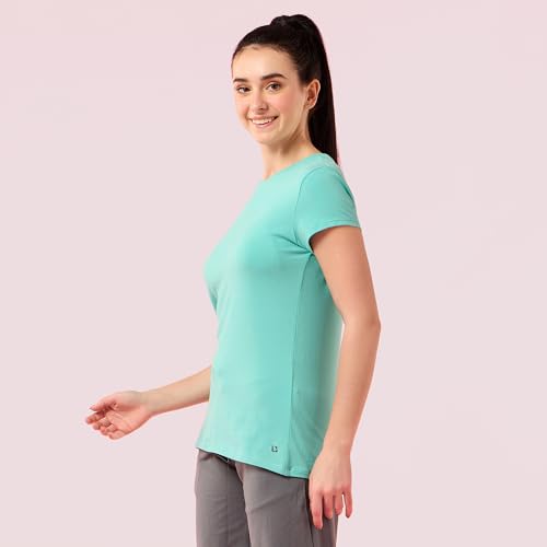 Image of Enamor Short Sleeve Crew Neck Regular Length Basic Crew T-Shirt for Women - Slim Fit, Soft and Breathable Stretch Cotton - E047