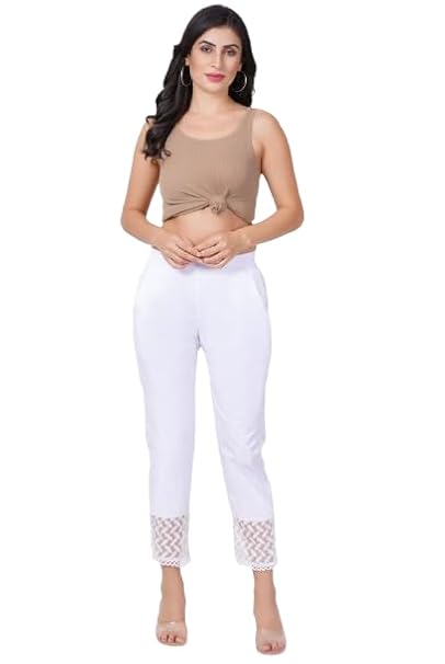 Buy NAYLA CREATION Women's White Cotton Lycra Lace Work Trouser