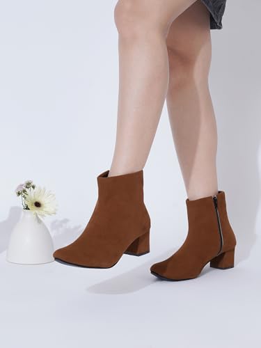 Image of Shoetopia Women's Tan Ankle Boots with Low Heel - Stylish Slip-Resistant Zip-Up Short Boots for Casual & Party Footwear EU38