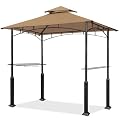 Eurmax USA 5x8 Grill Gazebo Shelter for Patio and Outdoor Backyard BBQ's, Double Tier Soft Top Canopy and Steel Frame with Bar Counters, Bonus LED Light X2(Khaki)