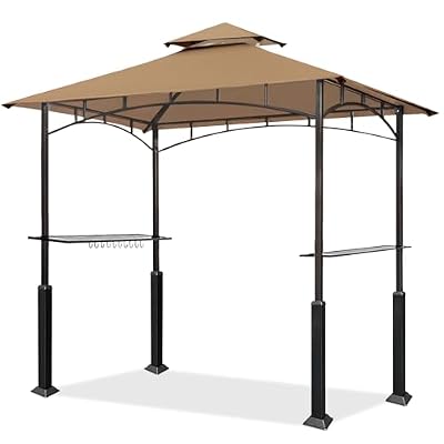 Eurmax USA 5x8 Grill Gazebo Shelter for Patio and Outdoor Backyard BBQ's, Double Tier Soft Top Canopy and Steel Frame with Bar Counters, Bonus LED Light X2(Khaki)