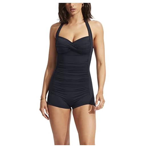 Seafolly Women's Standard Twist Front Soft Cup Boyleg One Piece Swimsuit, Eco Collective True Navy, 14