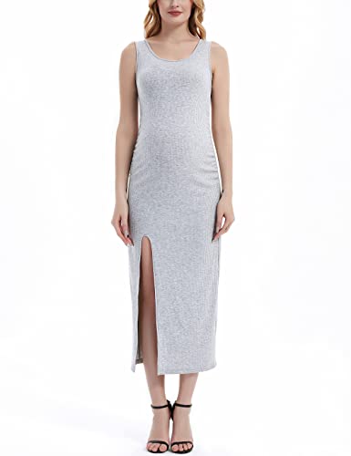 Sweetbump Maternity Dress Ruched Sleeveless Tank Midi Dresses Pregnancy Clothes For Daily Wearing Or Baby Shower Photoshoot Gray S #TOP3