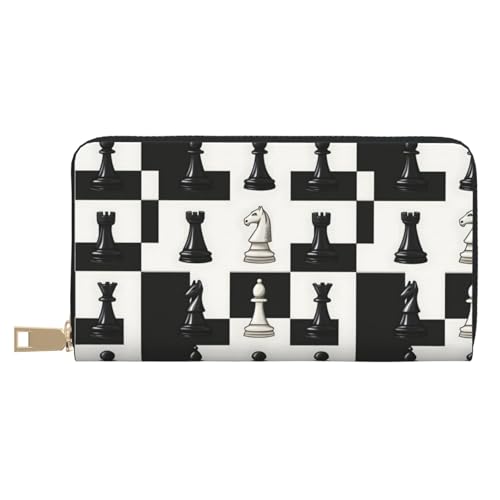 Leather Thin Slim Wallets for Women & Men - Chess Black White Print Card Wallet Holder with Zipper