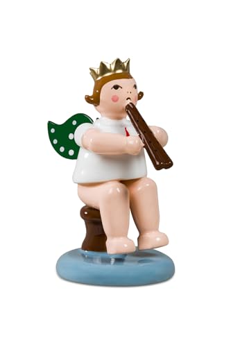 Ange en bois assis avec double flûte figurine miniature de Noël déco maison - 2