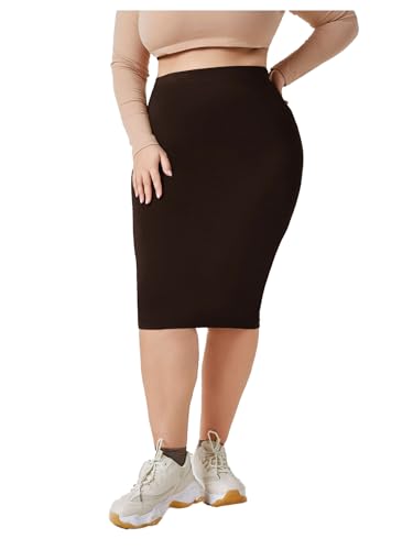 BEAUDRM Women's Plus Size High Waisted Bodycon Skirt Basic Pencil Midi Skirts Chocolate Brown 5X-Large Plus