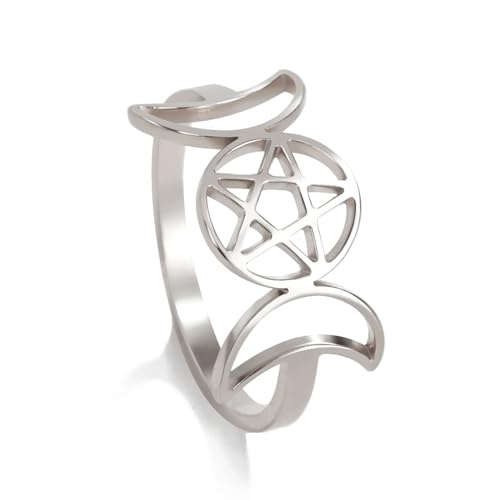 TEAMER Stainless Steel Triple Moon Goddess Ring Amulet Wicca Pentagram Ring Pagan Jewelry for Women (Silver 9)