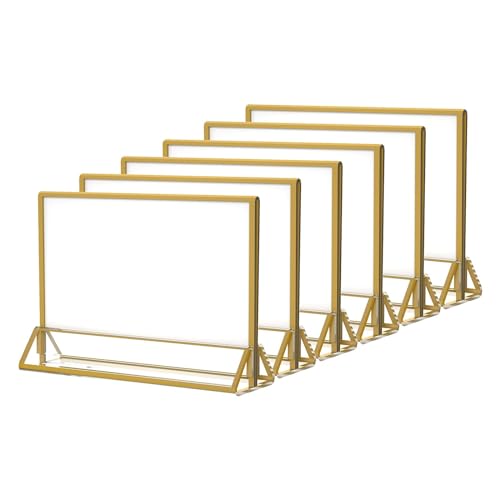 NIUBEE 6Pack 7 x 5 Horizontal Clear Acrylic Sign Holder with Gold Borders, Double Sided Table Menu Stands Picture Frames for Wedding Table Numbers, Restaurant Signs, Photos and Art Display by NIUBEE - Used condition - US$26.34